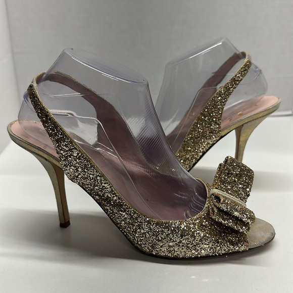 Kate Spade NY Heels Slingback Shoes Open Toe Bow Glitter Metallic Gold Size 10 - Picture 3 of 8